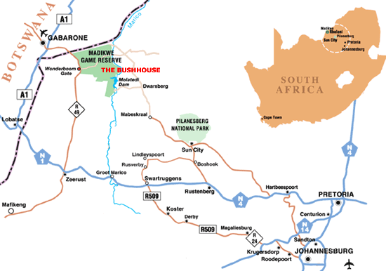 Map to get to The Bush House  in Madikwe Game Reserve
